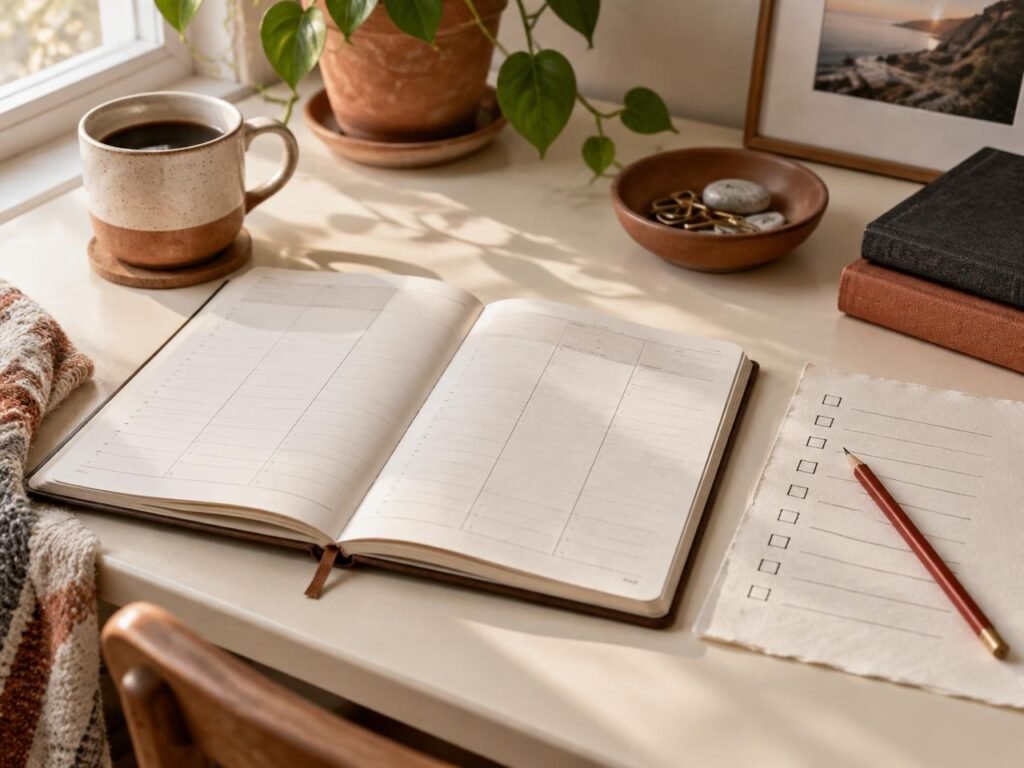 An open weekly planner and checklist on a sunlit desk