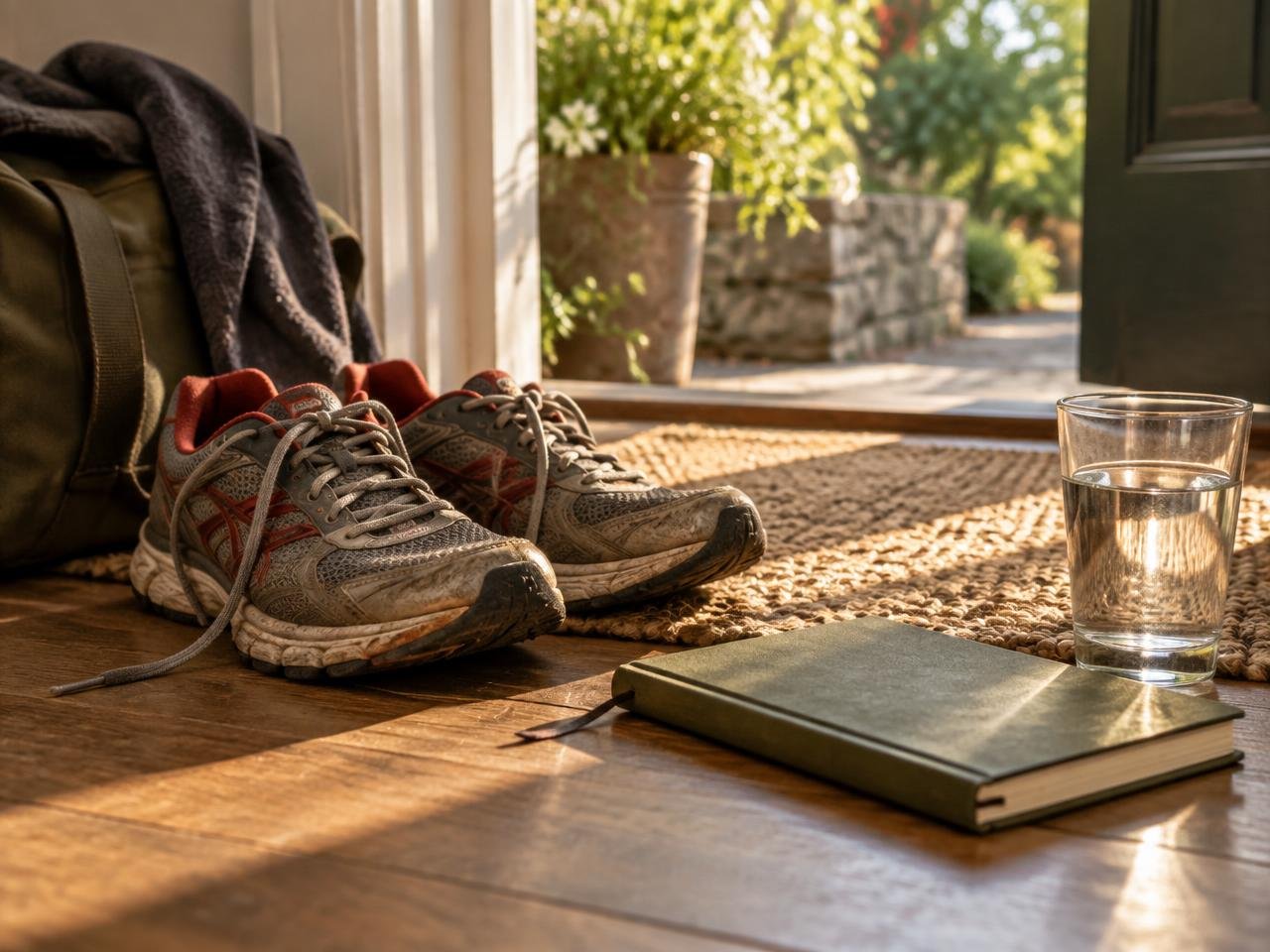 Running shoes, a notebook, and water waiting beside an open door